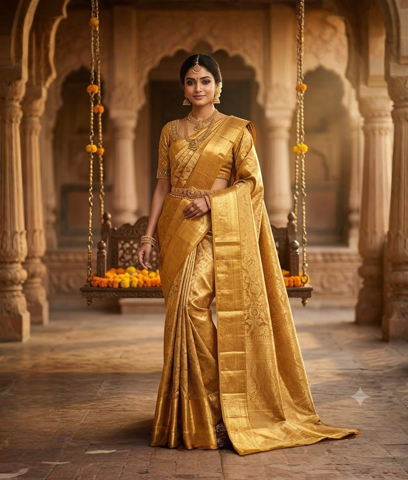 Golden Kanjivaram silk saree