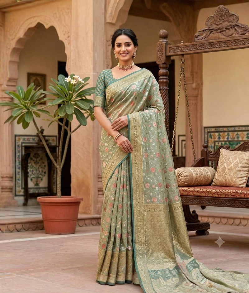 Green Tussar georgette saree with all-over zari weaving
