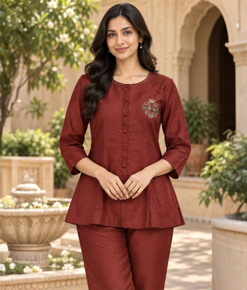 Rust Chanderi Silk Sequence & Moti Work Peplum Coord Set