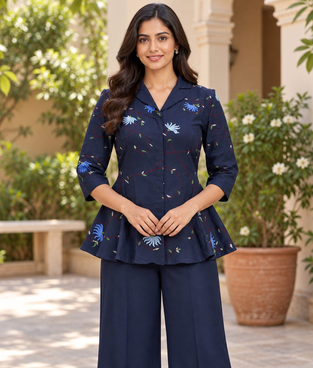 Royal Blue Chanderi Silk Co-ord Set with Floral Thread Work