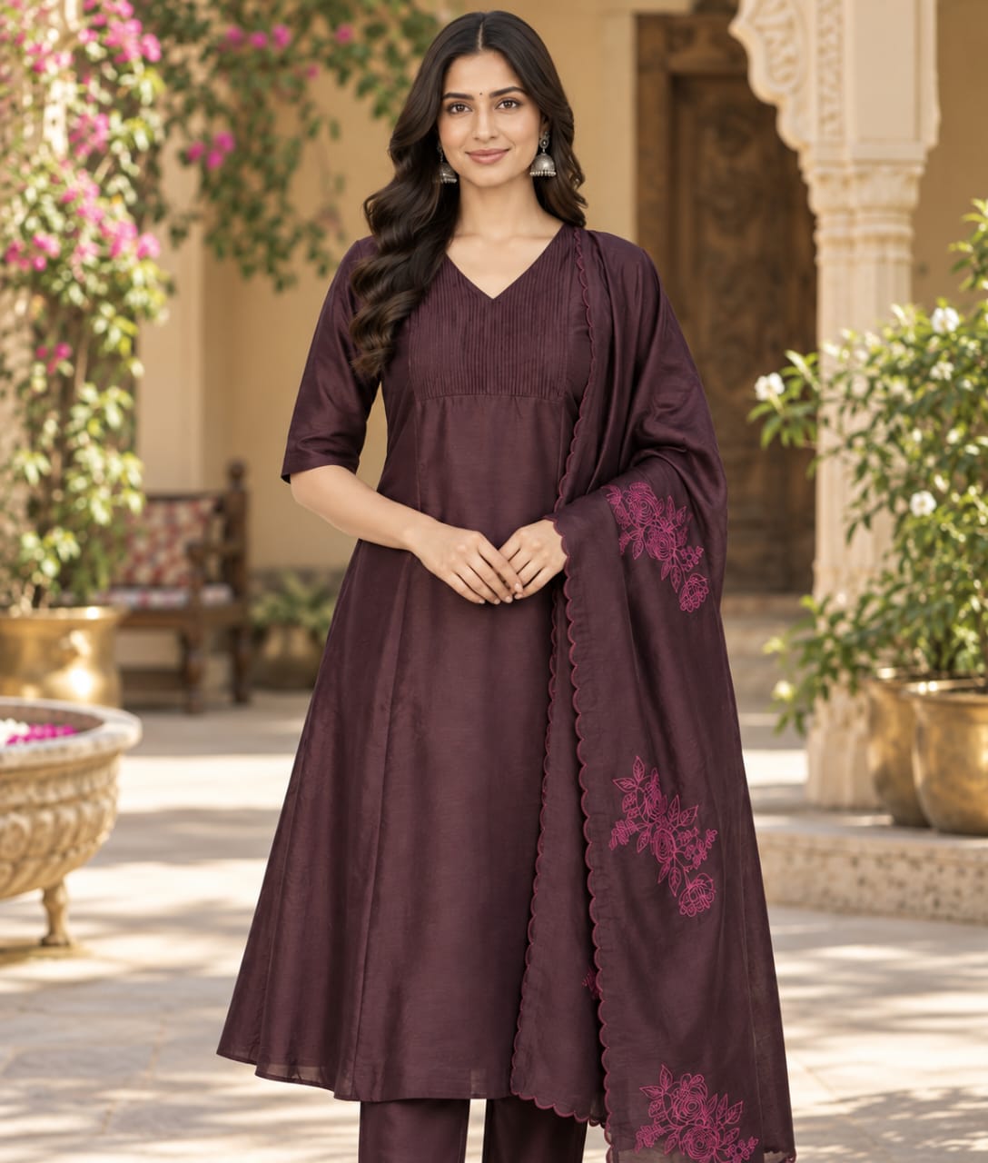 Coffee Chanderi Silk Suit with Thread Work & Embroidered Chanderi Dupatta