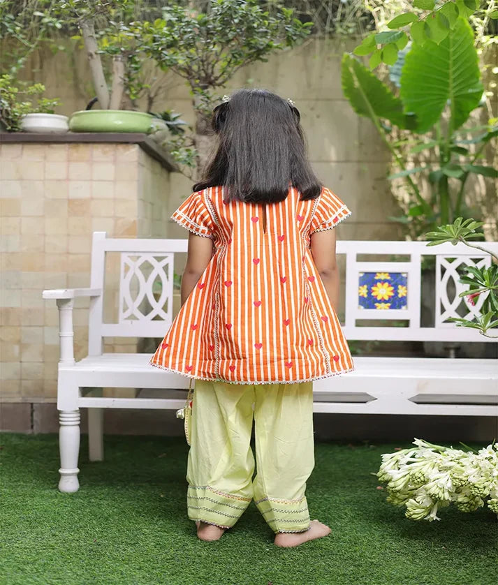 Orange Heart & Stripe Printed Kurti with Yellow Farshi Salwar