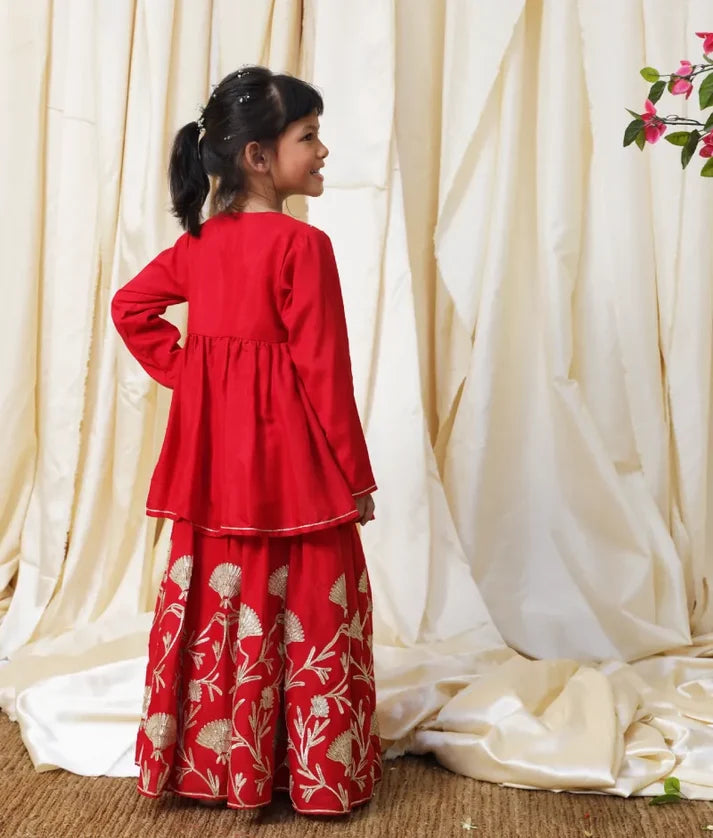 Red Gota Tulip Embroidered Long Choli Lehenga Set
