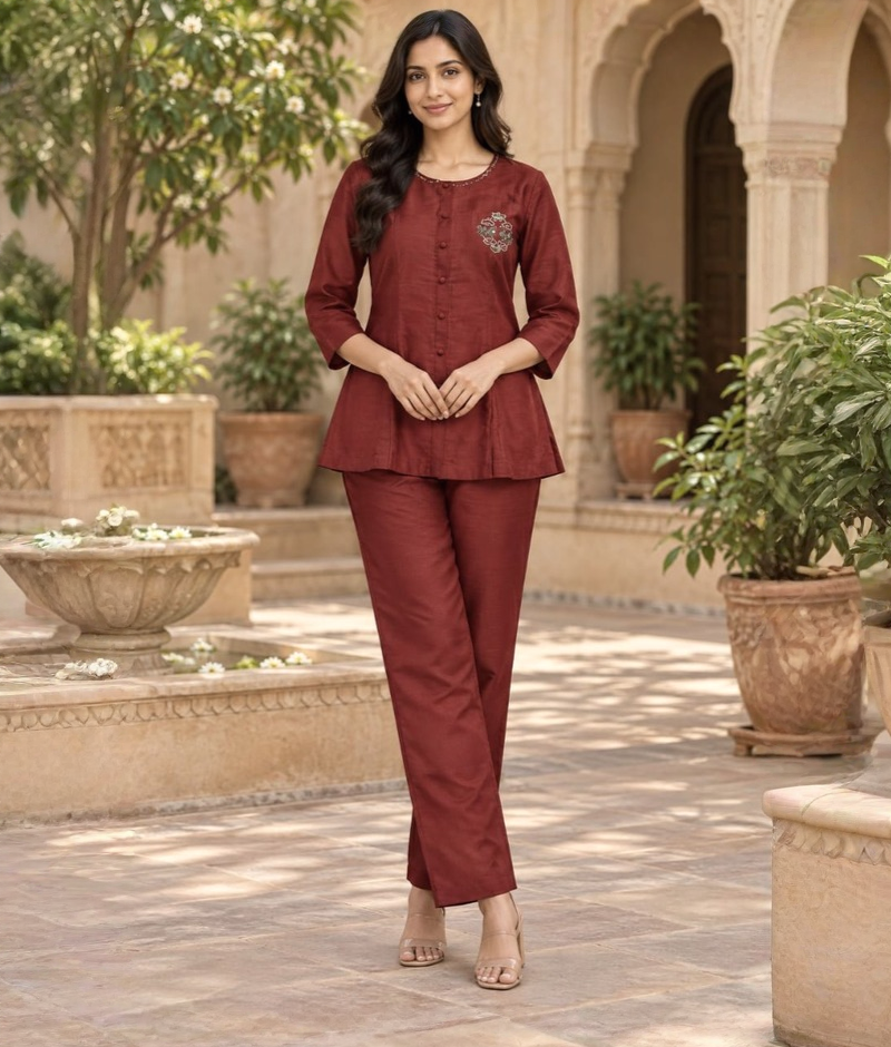 Rust Chanderi Silk Sequence & Moti Work Peplum Coord Set
