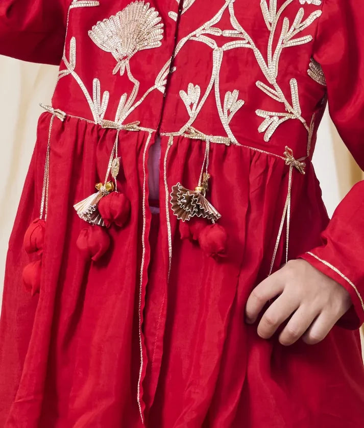 Red Gota Tulip Embroidered Long Choli Lehenga Set