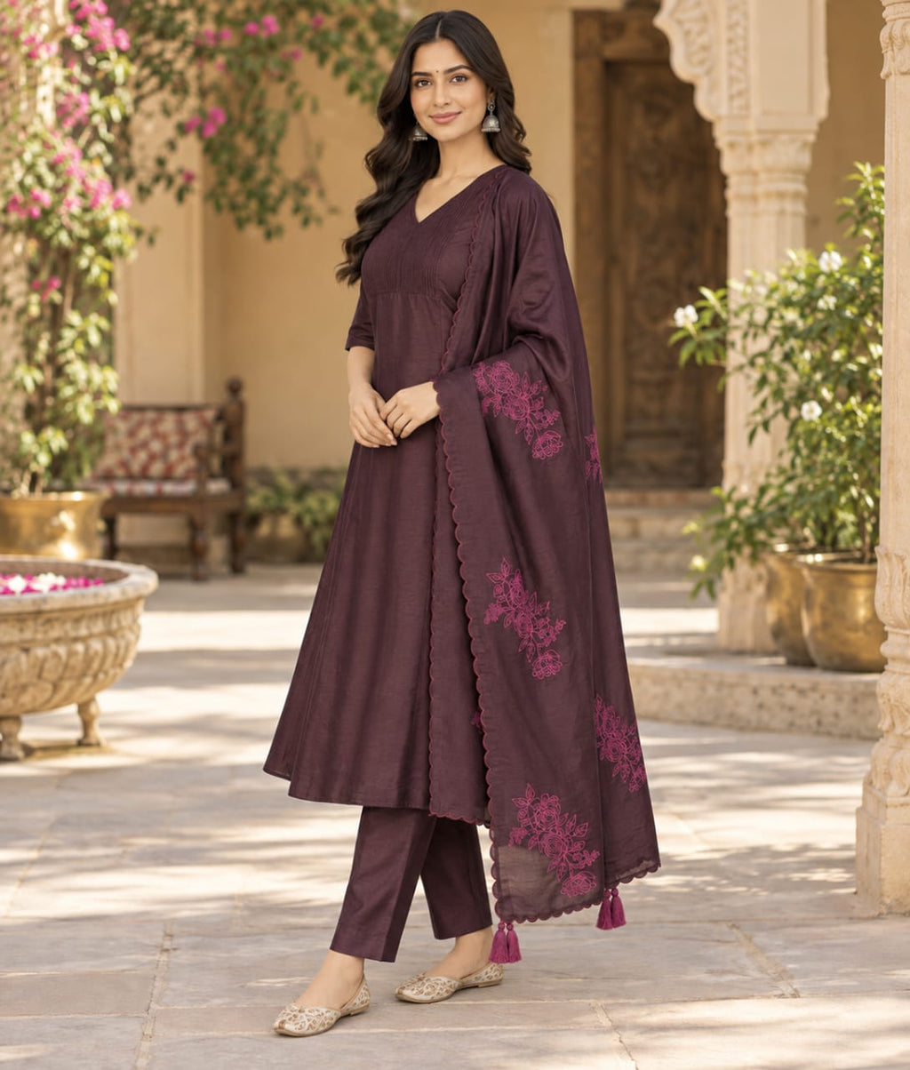 Coffee Chanderi Silk Suit with Thread Work & Embroidered Chanderi Dupatta