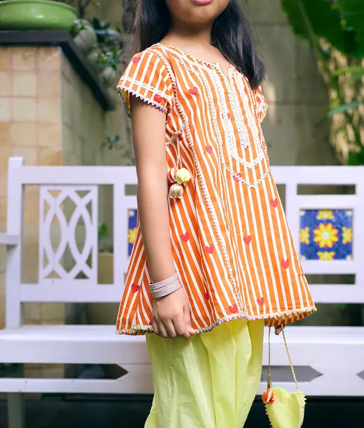 Orange Heart & Stripe Printed Kurti with Yellow Farshi Salwar