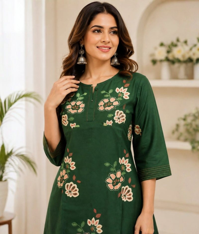 Bottle Green Chanderi Silk Thread Work Suit with Mull Cotton Dupatta – 5XL