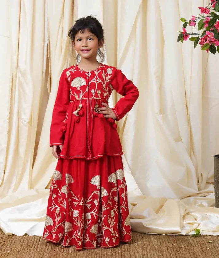 Red Gota Tulip Embroidered Long Choli Lehenga Set