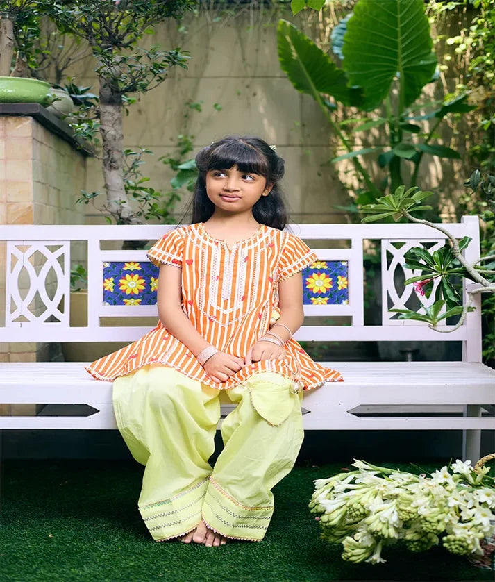 Orange Heart & Stripe Printed Kurti with Yellow Farshi Salwar