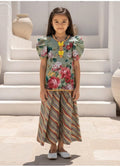 Girls Floral Print Ethnic Co-Ord Dress with Striped Flared Skirt | Puff Sleeve Festive Set