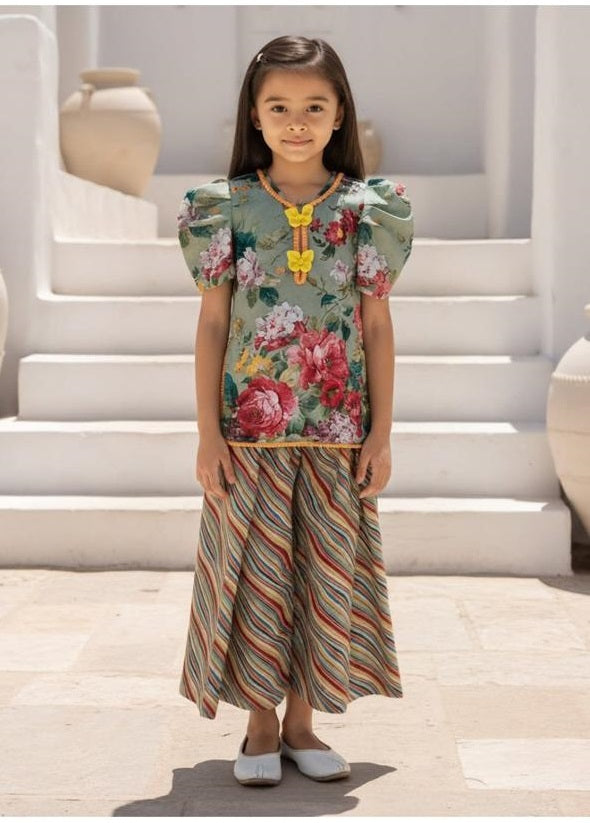 Girls Floral Print Ethnic Co-Ord Dress with Striped Flared Skirt | Puff Sleeve Festive Set