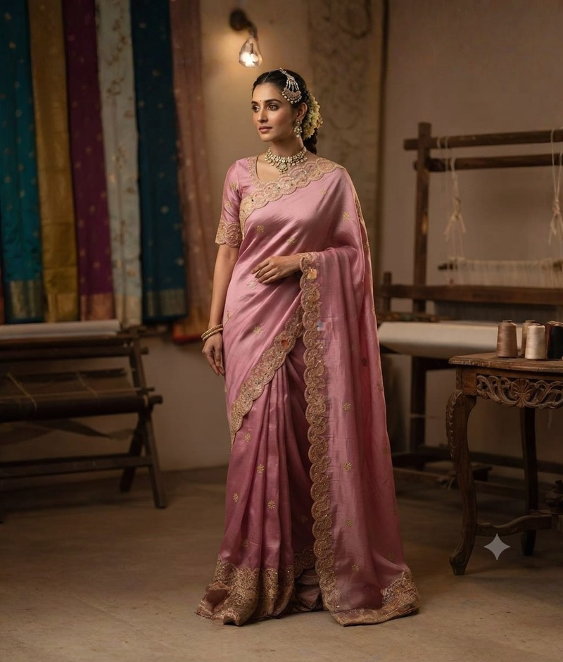 Pink Shaded Silk Saree with Zardozi and Gota Patti Work