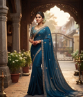 Royal blue HO fabric saree with Tarkas embroidery and moti work