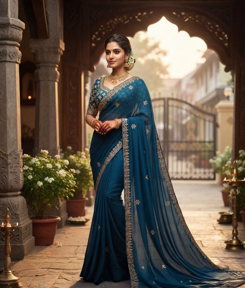 Royal blue HO fabric saree with Tarkas embroidery and moti work