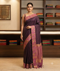 Purple handloom silk saree with resham border and lion and tiger-shaped border weaving