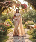 Beige organza saree with Tarkas embroidery border and heavy Jama weaving blouse