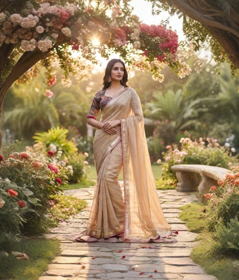 Beige organza saree with Tarkas embroidery border and heavy Jama weaving blouse