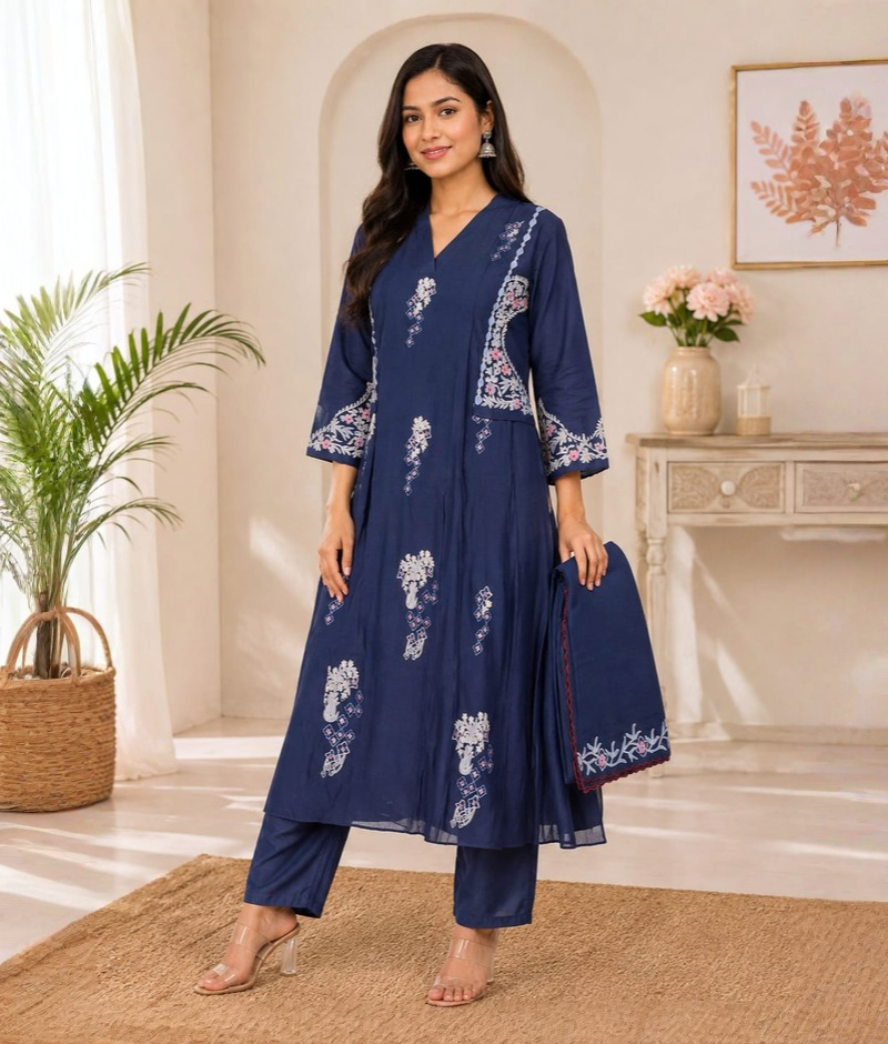 Royal Blue Mull Cotton Thread Work Suit with Mull Cotton Dupatta – 5XL