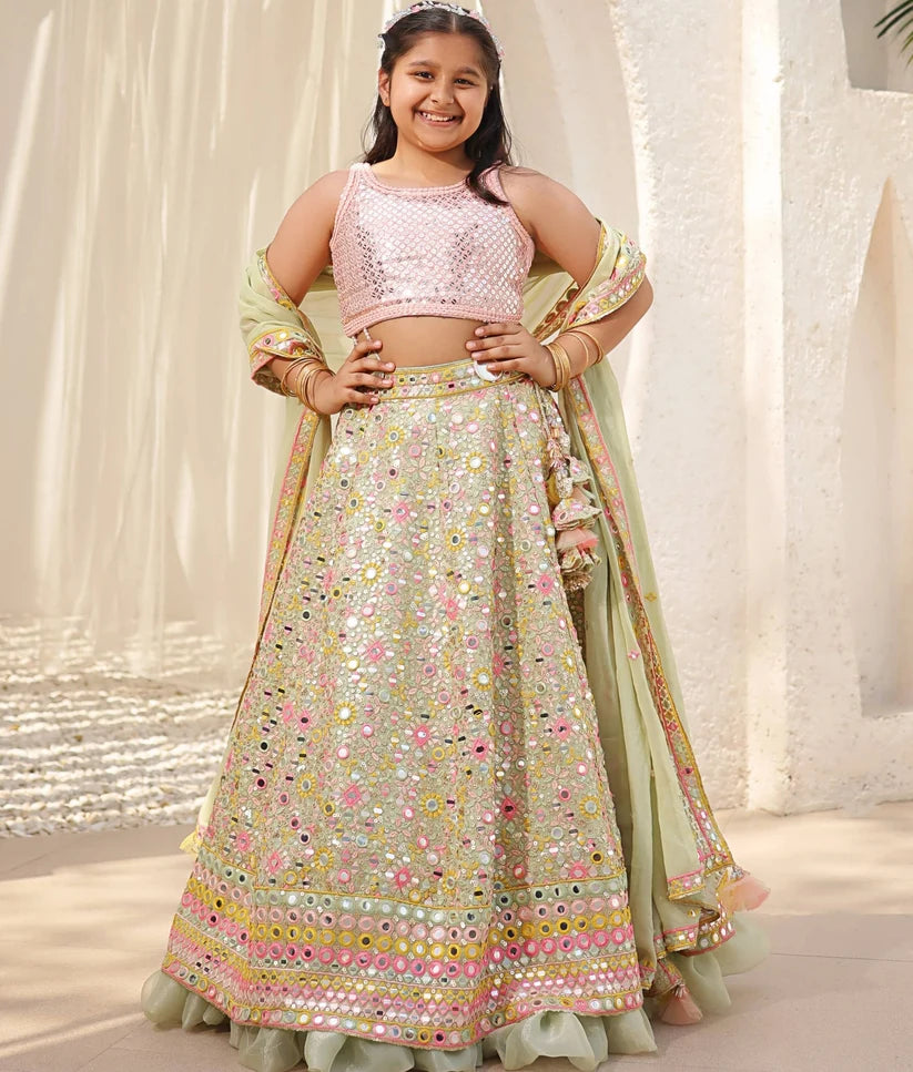 GREEN EMBROIDERED CHOLI WITH LEHENGA