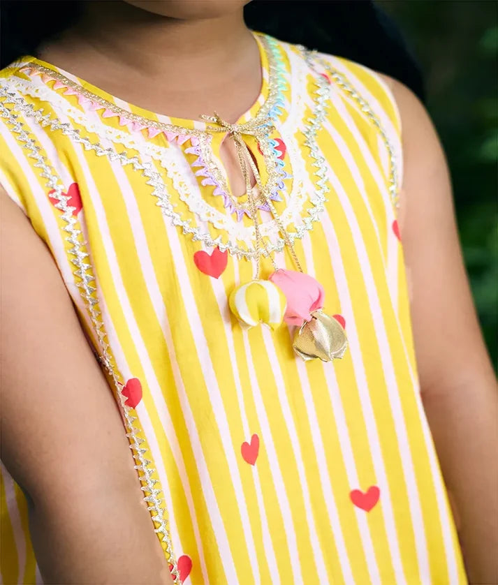 Yellow Heart & Stripe Printed Kurti with Coral Farshi Salwar
