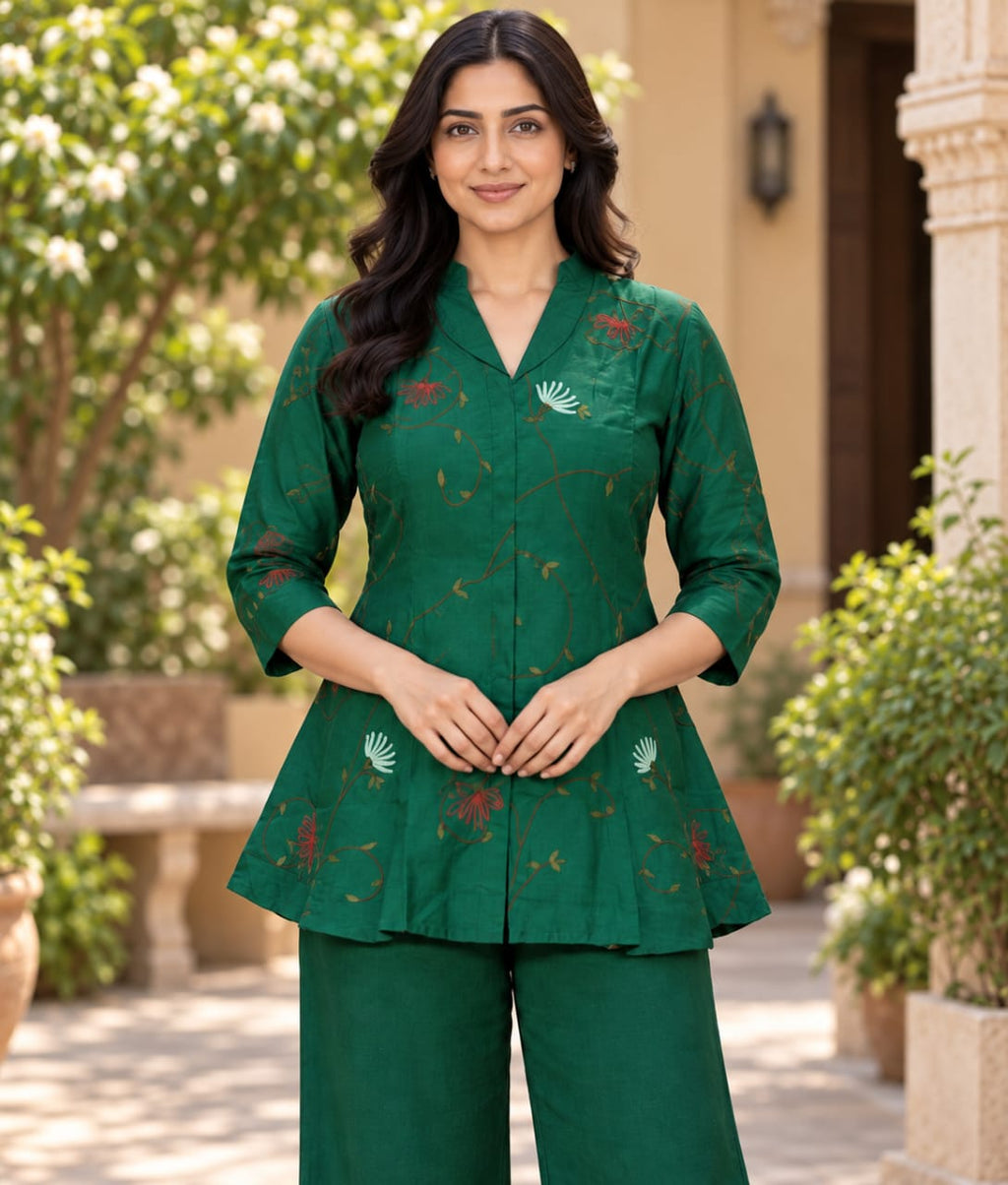 Bottle Green Chanderi Silk Co-ord Set with Floral Thread Work