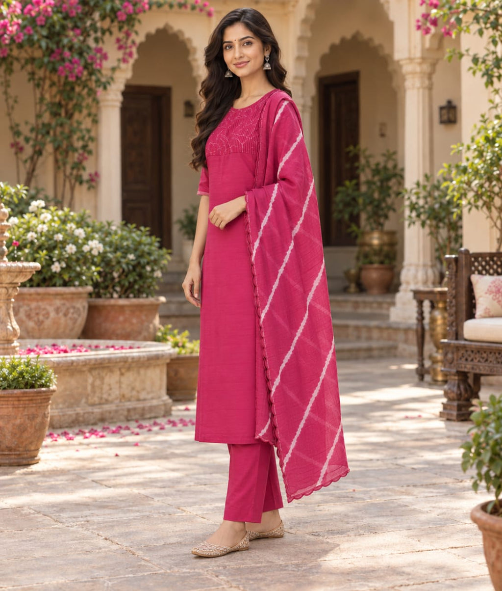 Pink Chanderi Silk Suit with Thread Work & Tie and Dye Dupatta