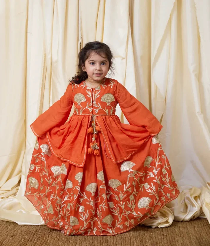 Orange Gota Tulip Embroidered Long Choli Lehenga Set
