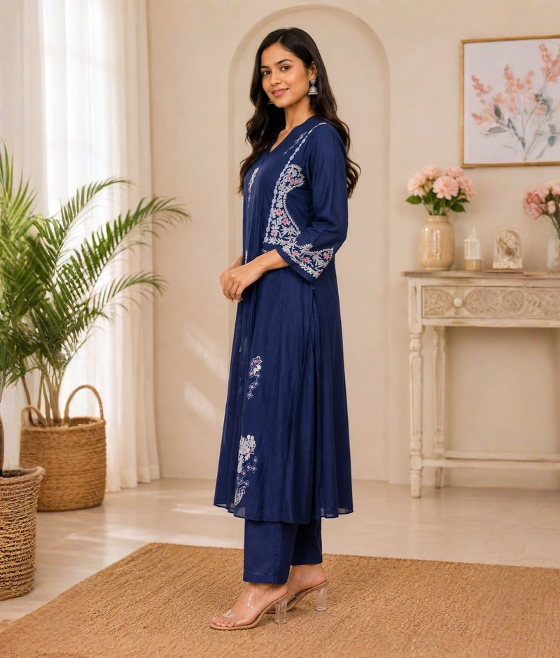 Royal Blue Mull Cotton Thread Work Suit with Mull Cotton Dupatta – 5XL