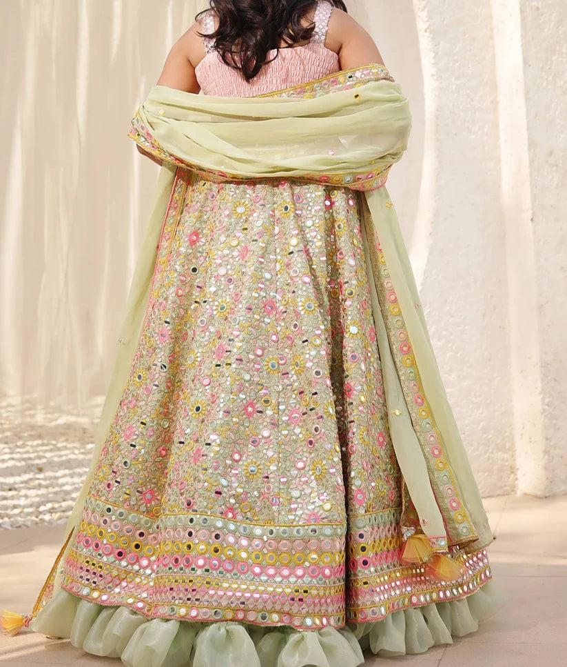 GREEN EMBROIDERED CHOLI WITH LEHENGA