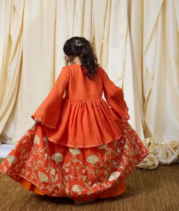 Orange Gota Tulip Embroidered Long Choli Lehenga Set