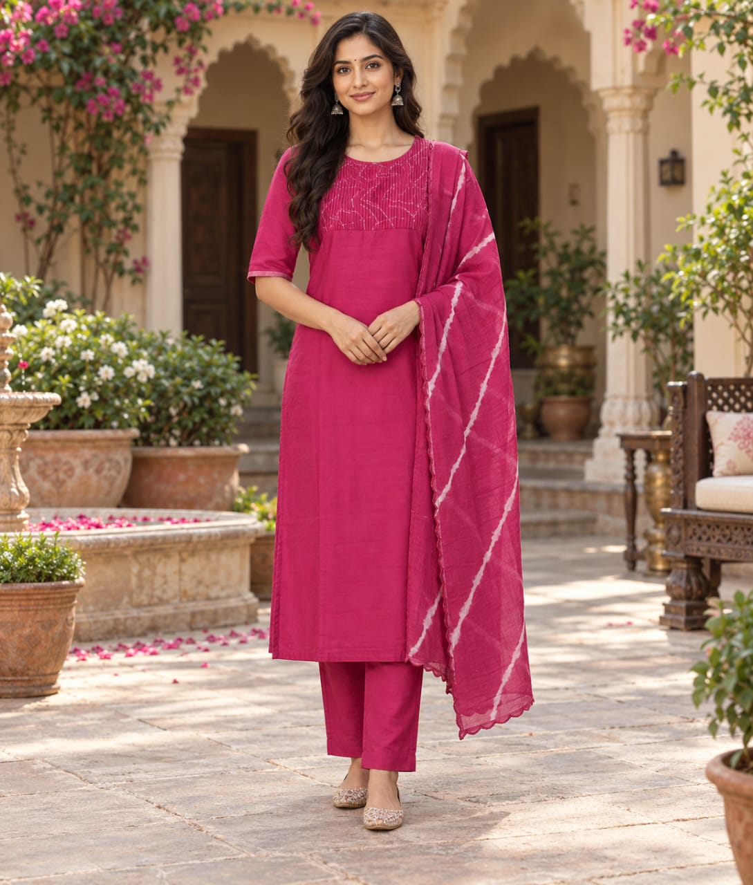 Pink Chanderi Silk Suit with Thread Work & Tie and Dye Dupatta