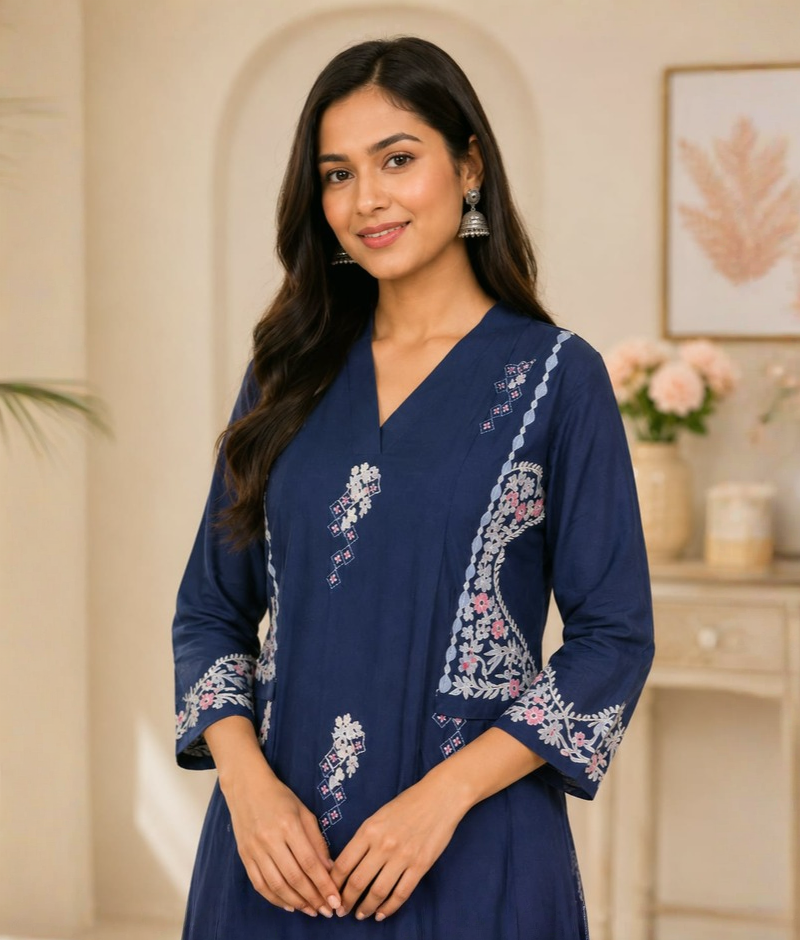 Royal Blue Mull Cotton Thread Work Suit with Mull Cotton Dupatta – 5XL