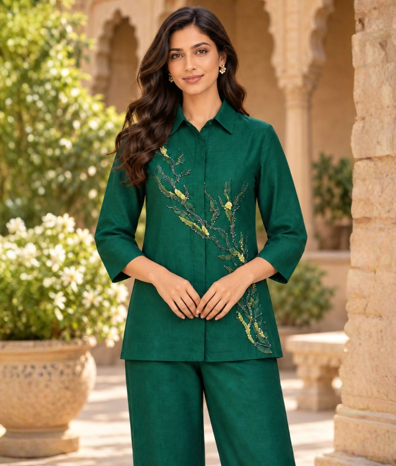Bottle Green Organza Thread, Sequence & Paul Work Shirt Coord Set