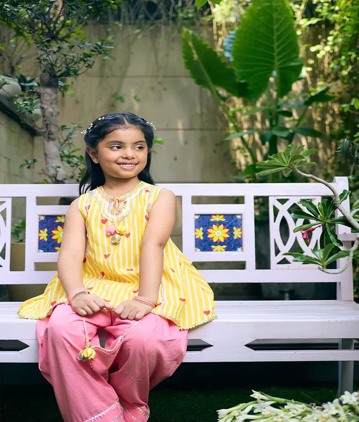 Yellow Heart & Stripe Printed Kurti with Coral Farshi Salwar