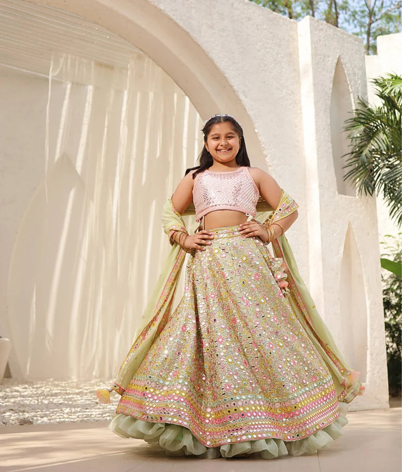 GREEN EMBROIDERED CHOLI WITH LEHENGA