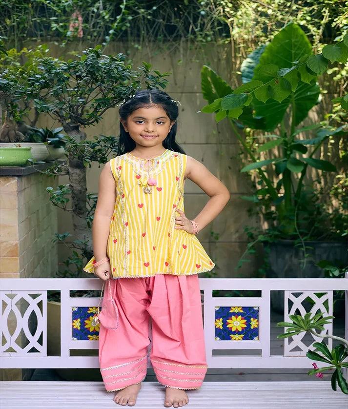 Yellow Heart & Stripe Printed Kurti with Coral Farshi Salwar