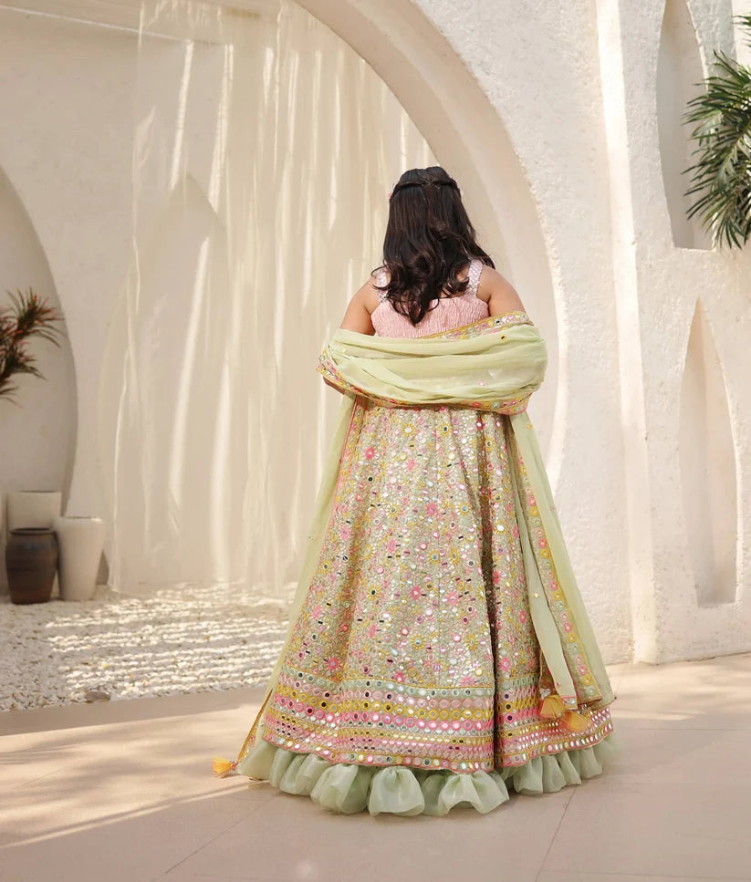 GREEN EMBROIDERED CHOLI WITH LEHENGA