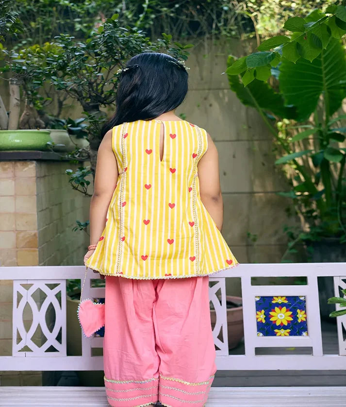 Yellow Heart & Stripe Printed Kurti with Coral Farshi Salwar