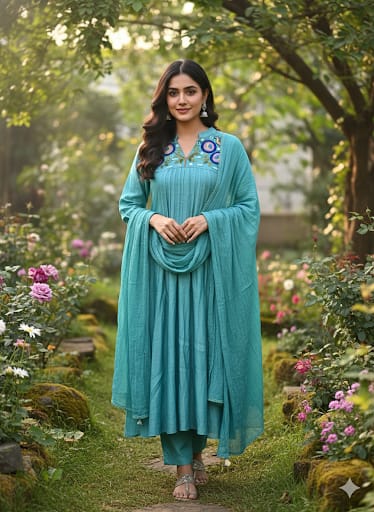 Mul chanderi suit with thread work