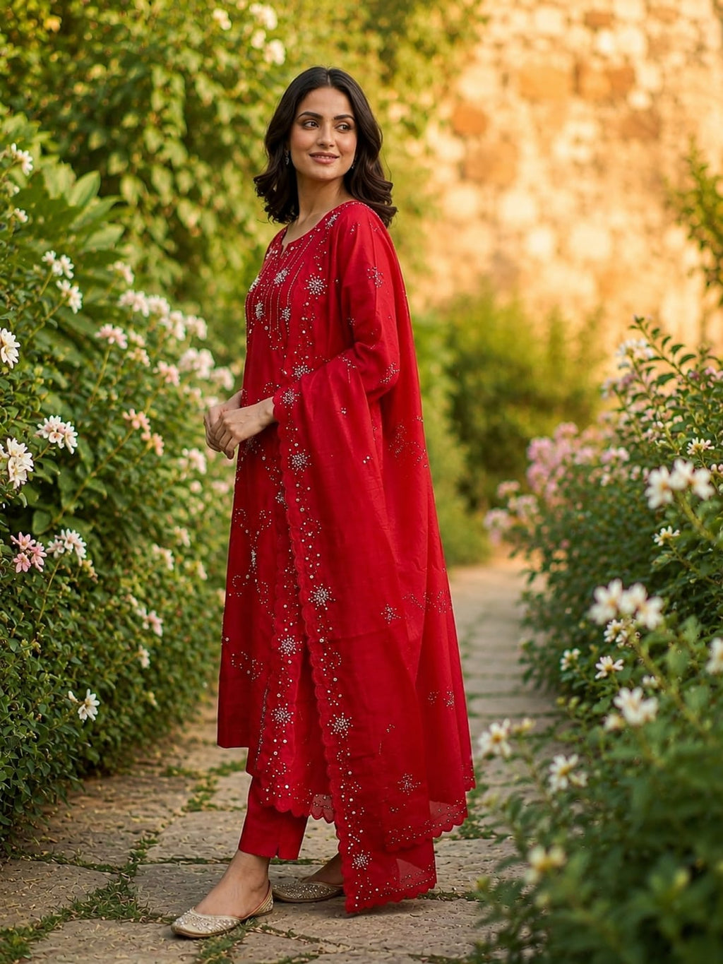 Red Silk Suit with Intricate Thread Embroidery