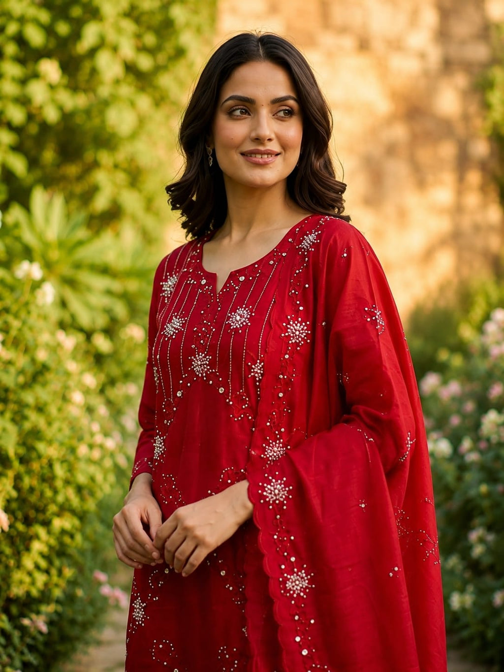 Red Silk Suit with Intricate Thread Embroidery