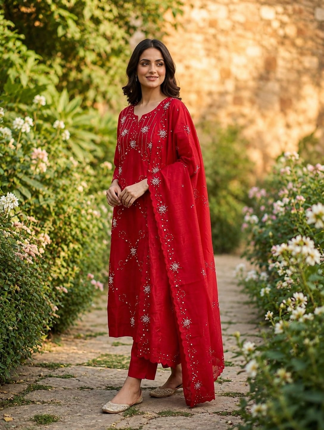 Red Silk Suit with Intricate Thread Embroidery