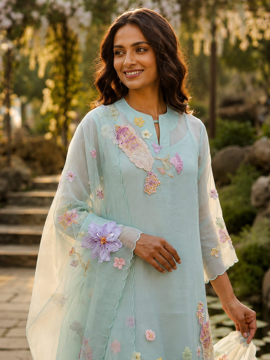 Sky Blue Organza Suit with Thread Embroidery