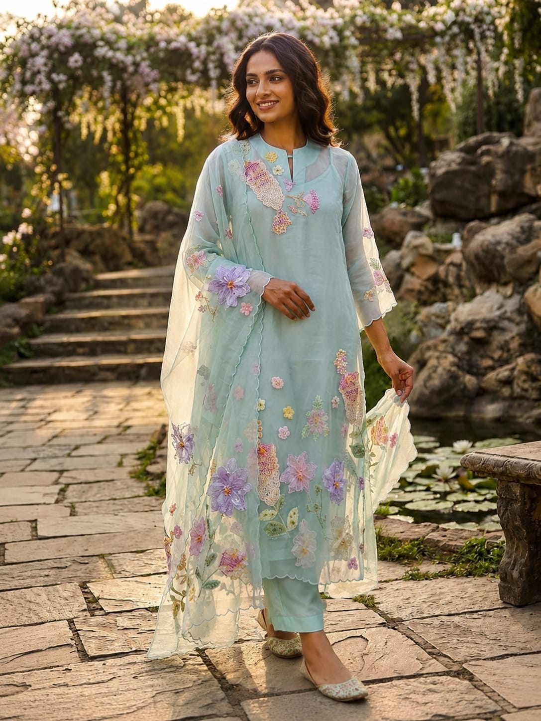 Sky Blue Organza Suit with Thread Embroidery