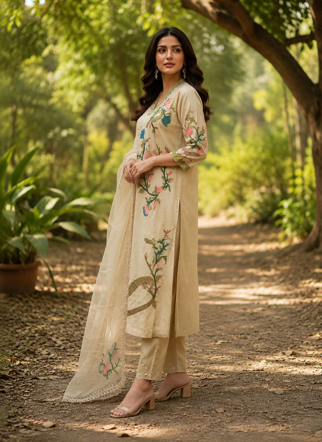 Beige Hand Embroidered Suit Set