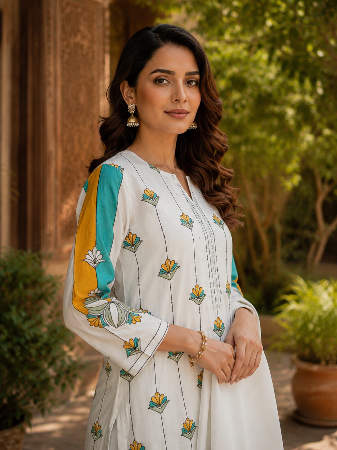 White Thread Work Suit Set