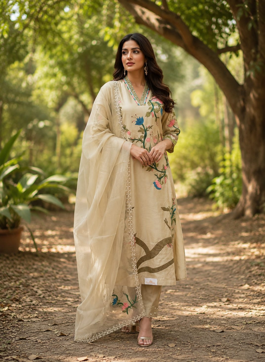 Beige Hand Embroidered Suit Set