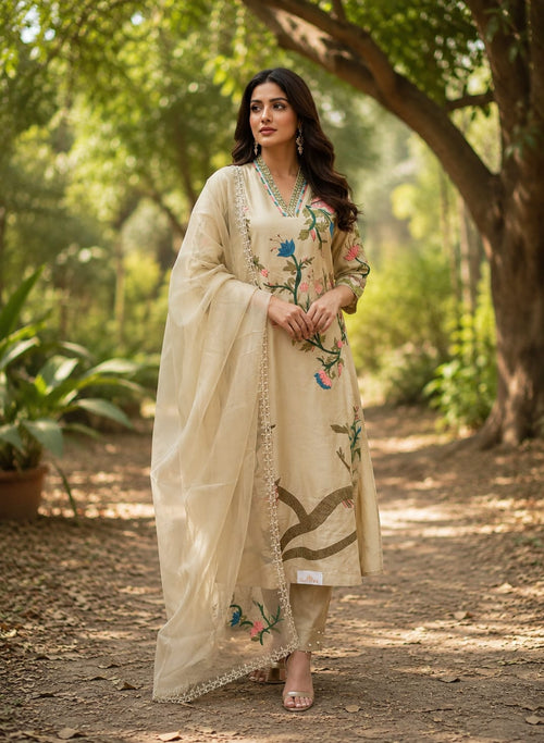 Beige Hand Embroidered Suit Set