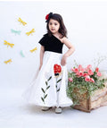 Elegant One-Shoulder Floral Girls Gown | Black & White Party Dress with 3D Floral Embroidery